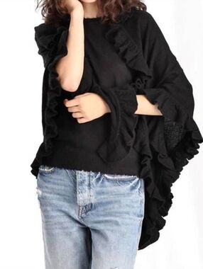 MINNIE ROSE cashmere ruffle shawl in black NWT